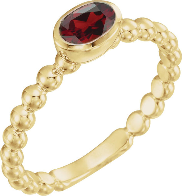 14K Gold Oval Natural Mozambique Garnet Family Beaded Stackable Ring - Yellow Gold