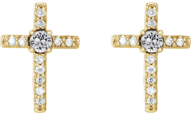 14K Gold Round Natural Diamond Accented Cross Earrings – 2mm Stones - Yellow Gold - view 2