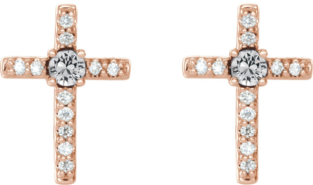 14K Gold Round Natural Diamond Accented Cross Earrings – 2mm Stones - Rose Gold - view 2