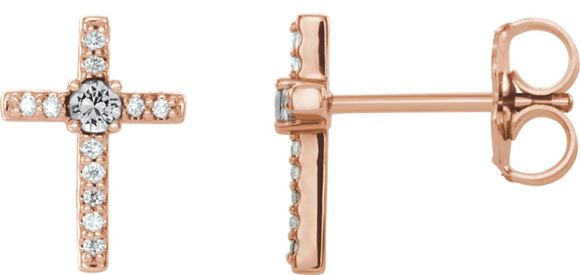 14K Gold Round Natural Diamond Accented Cross Earrings – 2mm Stones - Rose Gold