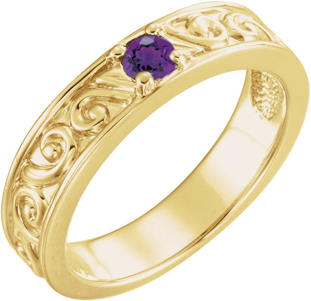 14K Gold Round Natural Amethyst Family Stackable Ring – 4mm Stones - Yellow Gold