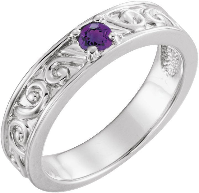14K Gold Round Natural Amethyst Family Stackable Ring – 4mm Stones - White Gold