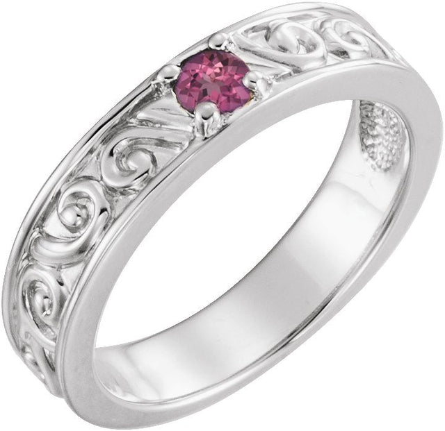 14K Gold Round Natural Pink Tourmaline Family Stackable Ring – 4mm Stones - White Gold