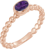 14K Gold Oval Natural Amethyst Family Beaded Stackable Ring - Rose Gold