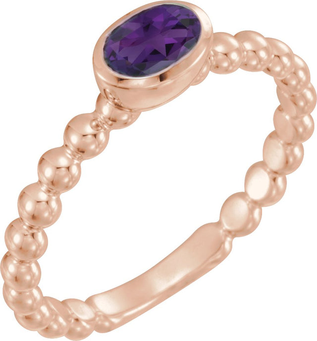 14K Gold Oval Natural Amethyst Family Beaded Stackable Ring - Rose Gold