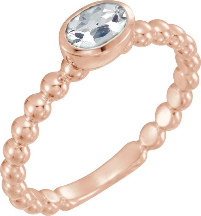 14K Gold Oval Natural White Sapphire Family Beaded Stackable Ring - Rose Gold