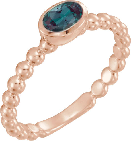 14K Gold Oval Lab-Grown Alexandrite Family Beaded Stackable Ring - Rose Gold