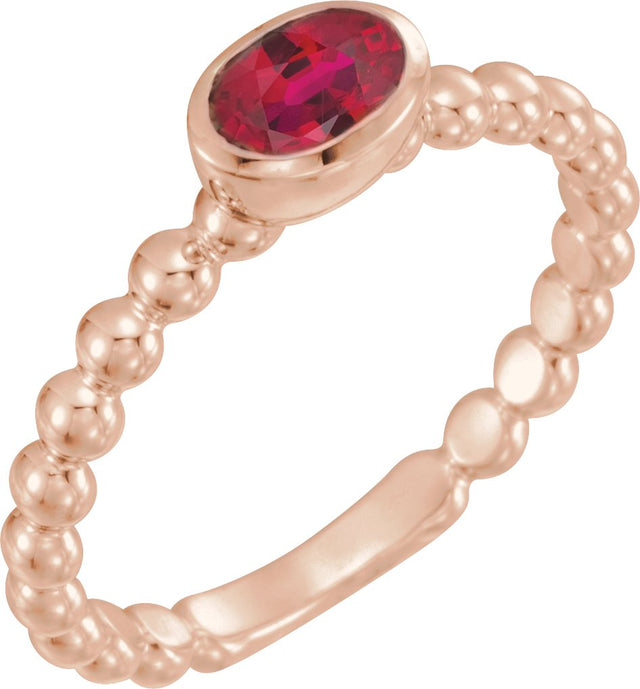 14K Gold Oval Natural Ruby Family Beaded Stackable Ring - Rose Gold