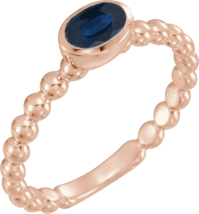 14K Gold Oval Lab-Grown Blue Sapphire Family Beaded Stackable Ring - Rose Gold