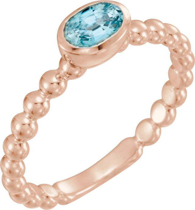 14K Gold Oval Natural Blue Zircon Family Beaded Stackable Ring - Rose Gold