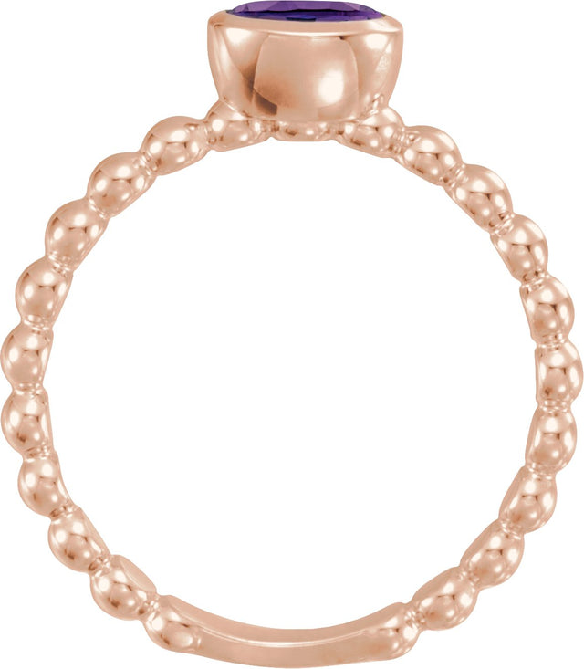 14K Gold Oval Natural Amethyst Family Beaded Stackable Ring - Rose Gold - view 2