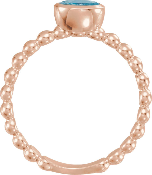 14K Gold Oval Natural Aquamarine Family Beaded Stackable Ring - Rose Gold - view 2