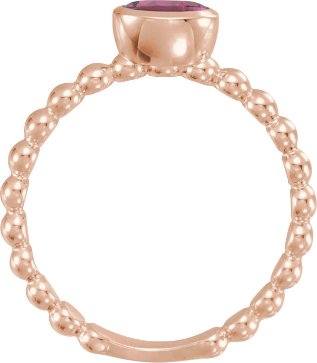 14K Gold Oval Natural Pink Tourmaline Family Beaded Stackable Ring - Rose Gold - view 2