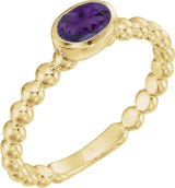 14K Gold Oval Natural Amethyst Family Beaded Stackable Ring - Yellow Gold