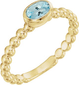 14K Gold Oval Natural Aquamarine Family Beaded Stackable Ring - Yellow Gold