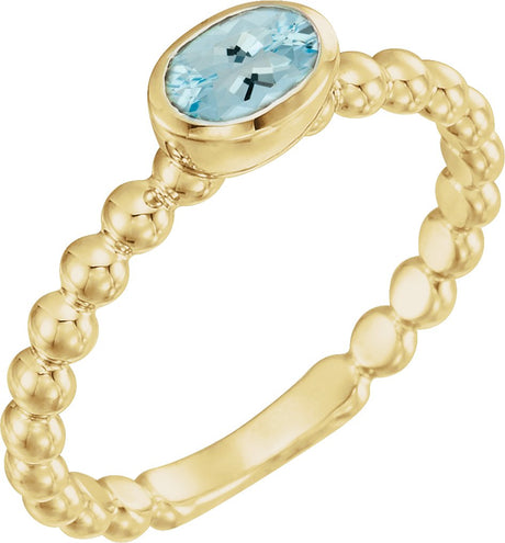 14K Gold Oval Natural Aquamarine Family Beaded Stackable Ring - Yellow Gold
