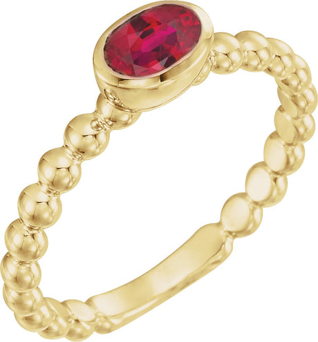 14K Gold Oval Natural Ruby Family Beaded Stackable Ring - Yellow Gold
