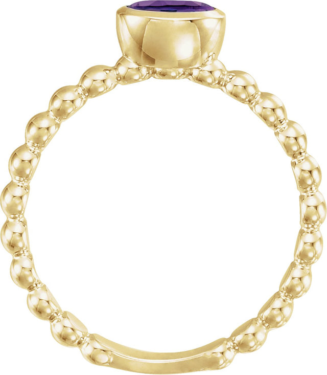 14K Gold Oval Natural Amethyst Family Beaded Stackable Ring - Yellow Gold - view 2