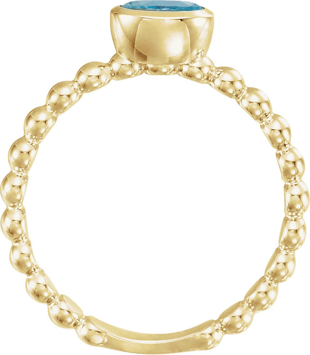 14K Gold Oval Natural Aquamarine Family Beaded Stackable Ring - Yellow Gold - view 2