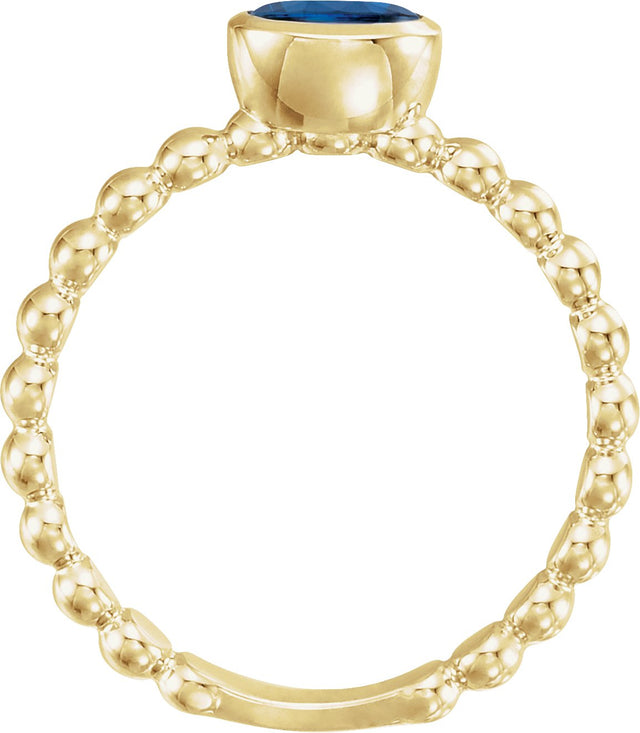 14K Gold Oval Lab-Grown Blue Sapphire Family Beaded Stackable Ring - Yellow Gold - view 2