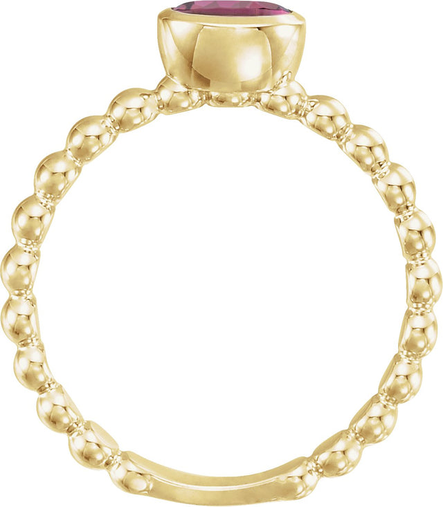 14K Gold Oval Natural Pink Tourmaline Family Beaded Stackable Ring - Yellow Gold - view 2