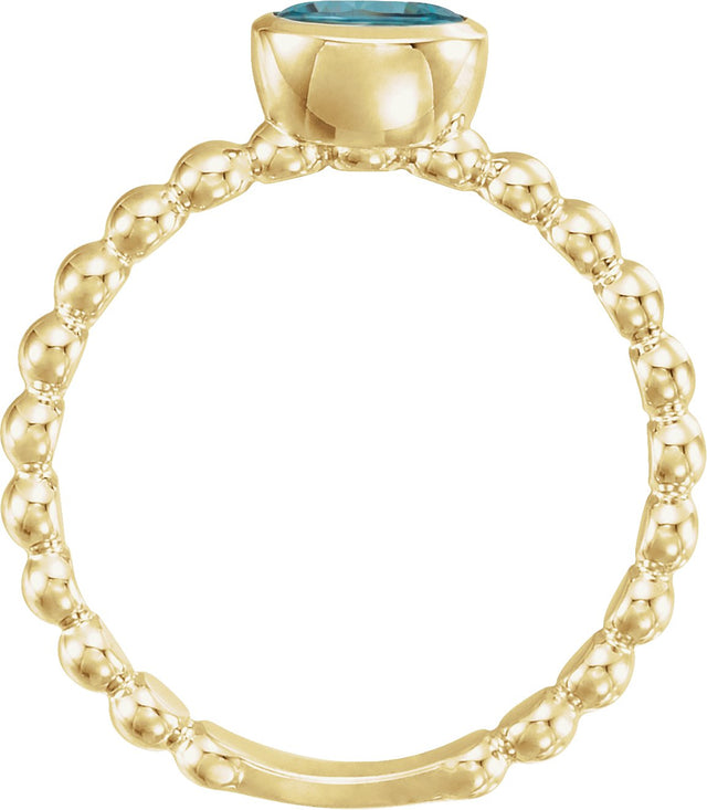14K Gold Oval Natural Blue Zircon Family Beaded Stackable Ring - Yellow Gold - view 2
