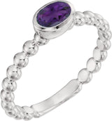 14K Gold Oval Natural Amethyst Family Beaded Stackable Ring - White Gold