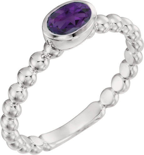 14K Gold Oval Natural Amethyst Family Beaded Stackable Ring - White Gold