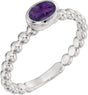 14K Gold Oval Natural Amethyst Family Beaded Stackable Ring - White Gold
