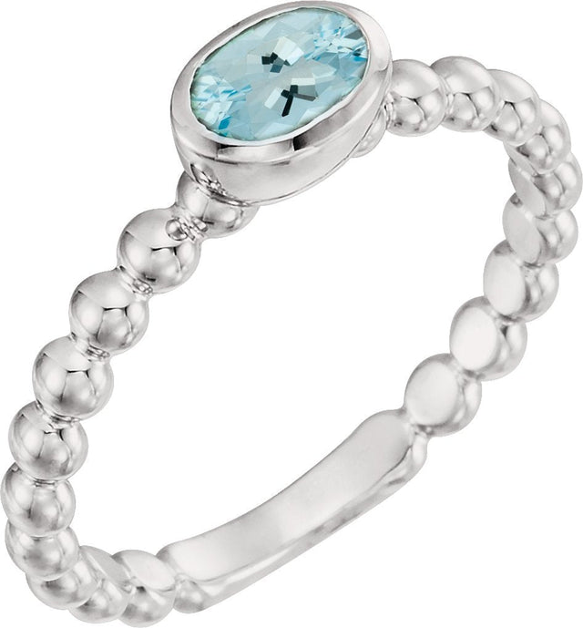 14K Gold Oval Natural Aquamarine Family Beaded Stackable Ring - White Gold