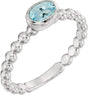 14K Gold Oval Natural Aquamarine Family Beaded Stackable Ring - White Gold