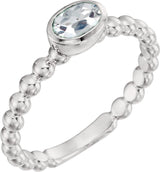 14K Gold Oval Natural White Sapphire Family Beaded Stackable Ring - White Gold