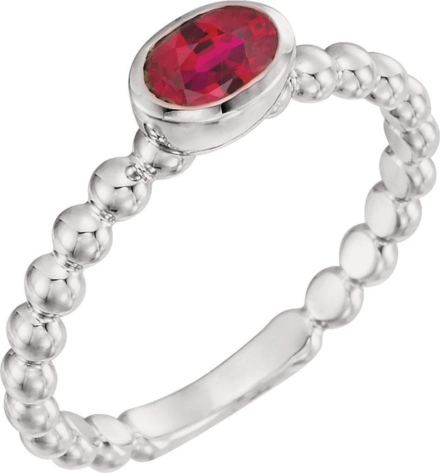 14K Gold Oval Natural Ruby Family Beaded Stackable Ring - White Gold