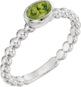 14K Gold Oval Natural Peridot Family Beaded Stackable Ring - White Gold
