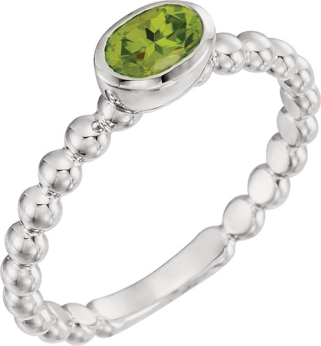 14K Gold Oval Natural Peridot Family Beaded Stackable Ring - White Gold