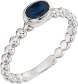 14K Gold Oval Natural Blue Sapphire Family Beaded Stackable Ring - White Gold