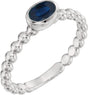 14K Gold Oval Natural Blue Sapphire Family Beaded Stackable Ring - White Gold