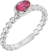 14K Gold Oval Natural Pink Tourmaline Family Beaded Stackable Ring - White Gold