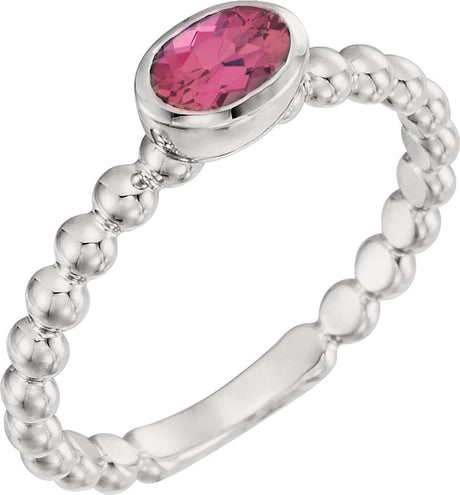 14K Gold Oval Natural Pink Tourmaline Family Beaded Stackable Ring - White Gold