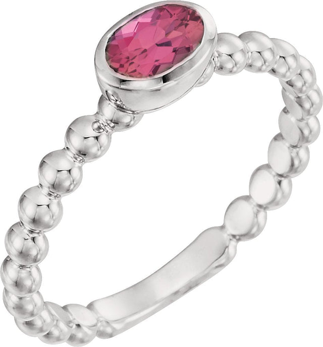14K Gold Oval Natural Pink Tourmaline Family Beaded Stackable Ring - White Gold