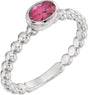 14K Gold Oval Natural Pink Tourmaline Family Beaded Stackable Ring - White Gold