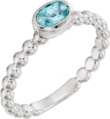 14K Gold Oval Natural Blue Zircon Family Beaded Stackable Ring - White Gold