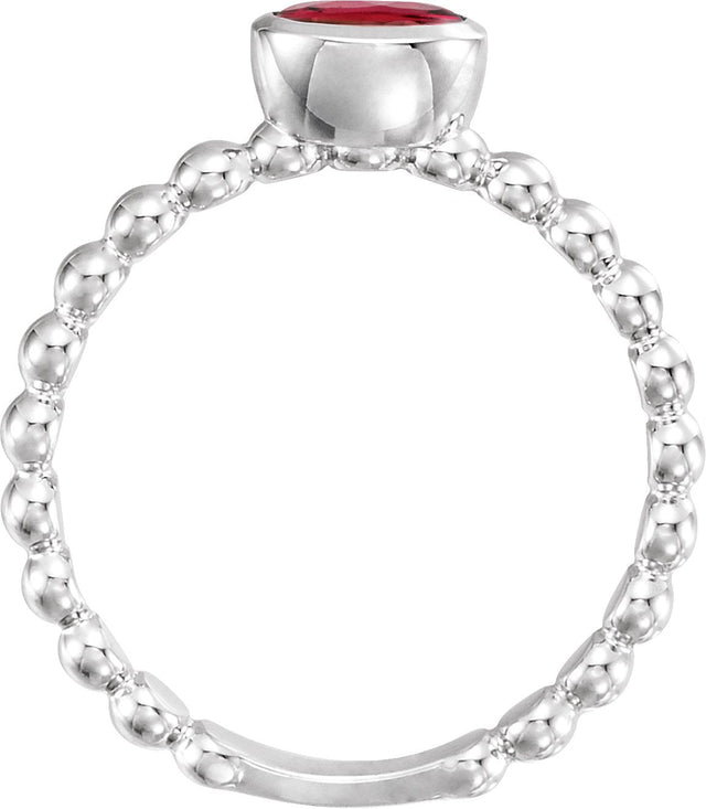 14K Gold Oval Lab-Grown Ruby Family Beaded Stackable Ring - White Gold - view 2