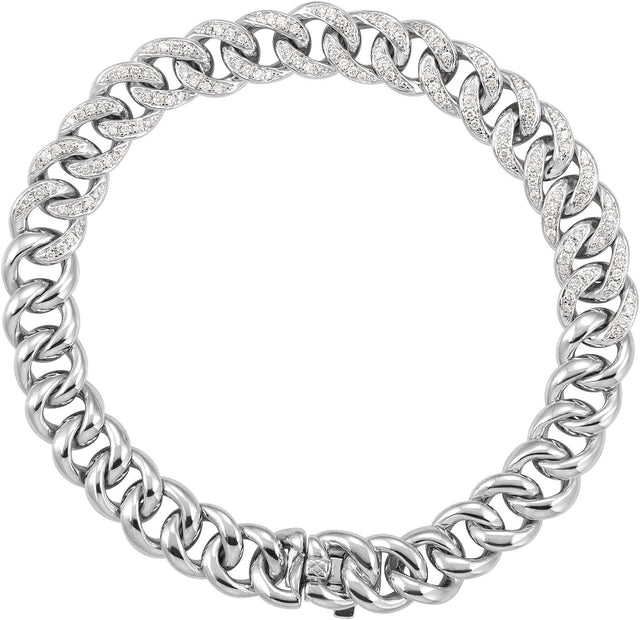 14K Gold Round Natural Diamond Accented Curb Bracelet - White Gold