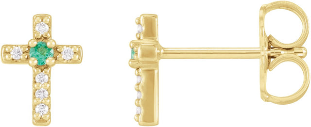 14K Gold Round Lab-Grown Emerald Accented Cross Earrings – 1.5-2mm Stones - Yellow Gold