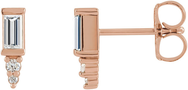14K Gold Straight Baguette Natural Diamond Accented Bar Earrings - Rose Gold