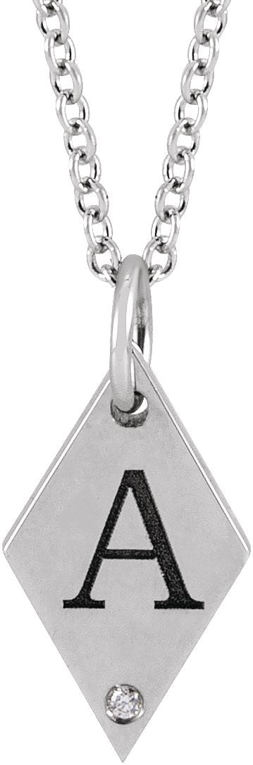 14K Gold Round Natural Diamond Engravable Rhombus Necklace or Pendant - White Gold - view 3