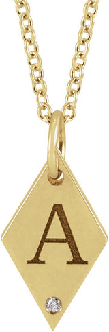14K Gold Round Natural Diamond Engravable Rhombus Necklace or Pendant - Yellow Gold - view 2