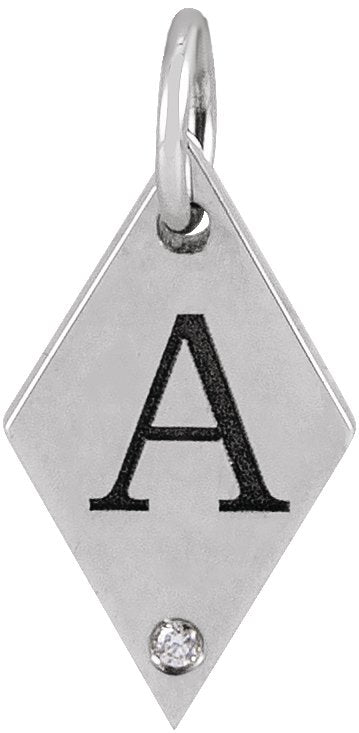 14K Gold Round Natural Diamond Engravable Rhombus Necklace or Pendant - White Gold - view 3