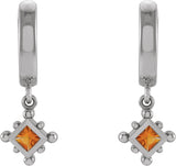 14K Gold Square Natural Citrine Beaded Bezel-Set Hoop Earrings - White Gold - view 2